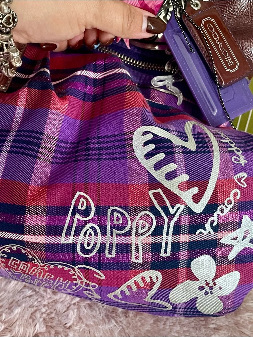 Women's Purple Plaid Tote Bag with Burgundy Trim